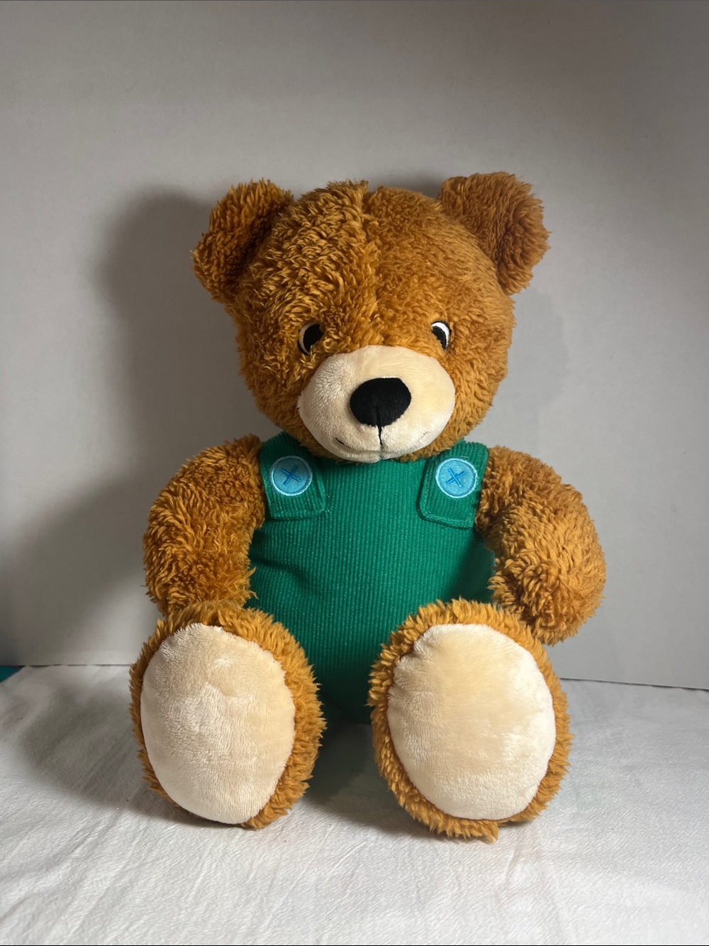 Classic Brown Teddy Bear in Green Overalls - Soft Plush Stuffed Toy